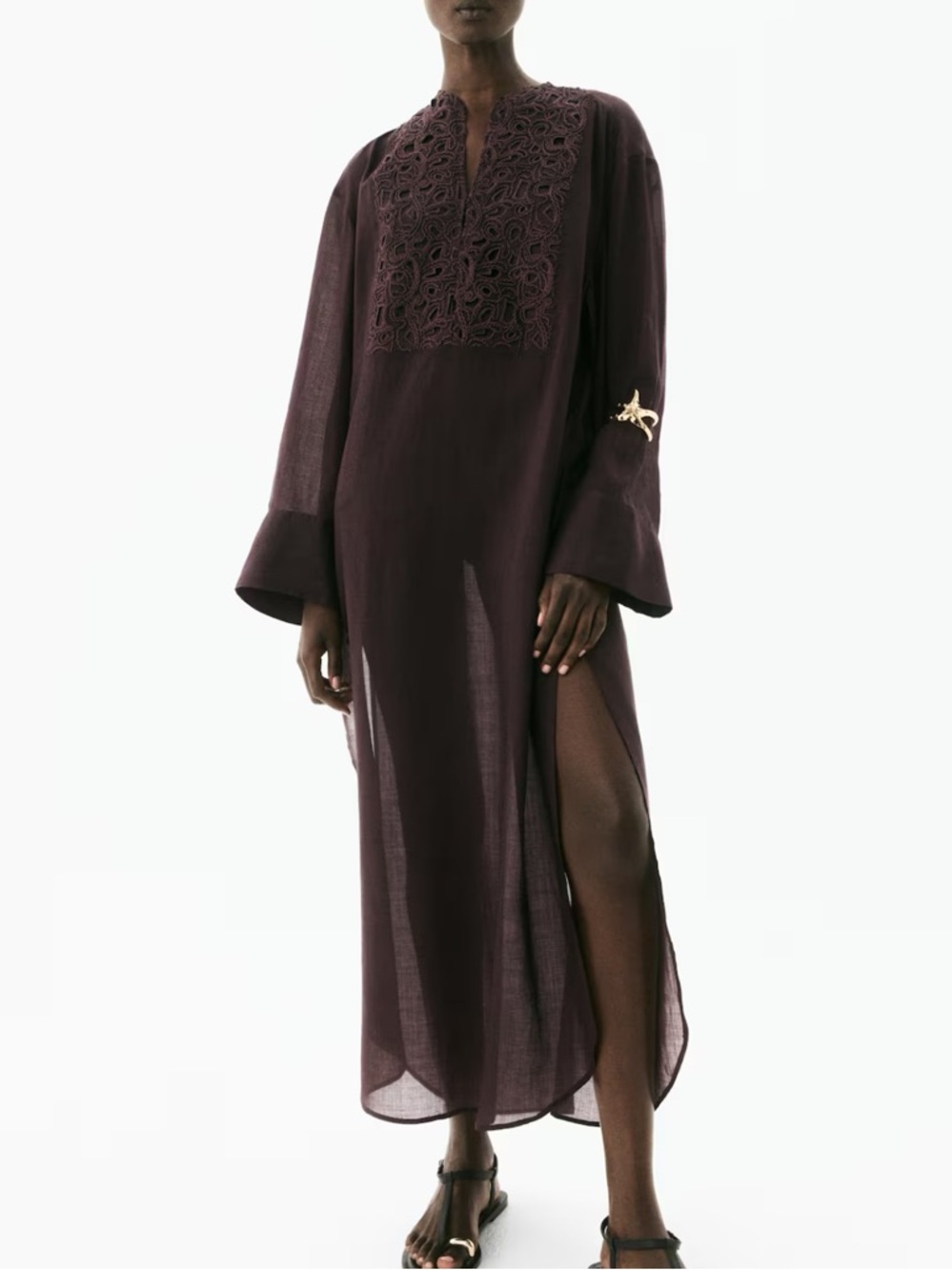 RAMIE KAFTAN DRESS ,Sheer Lace-Panel Maxi Dress in Deep brown. NWOT